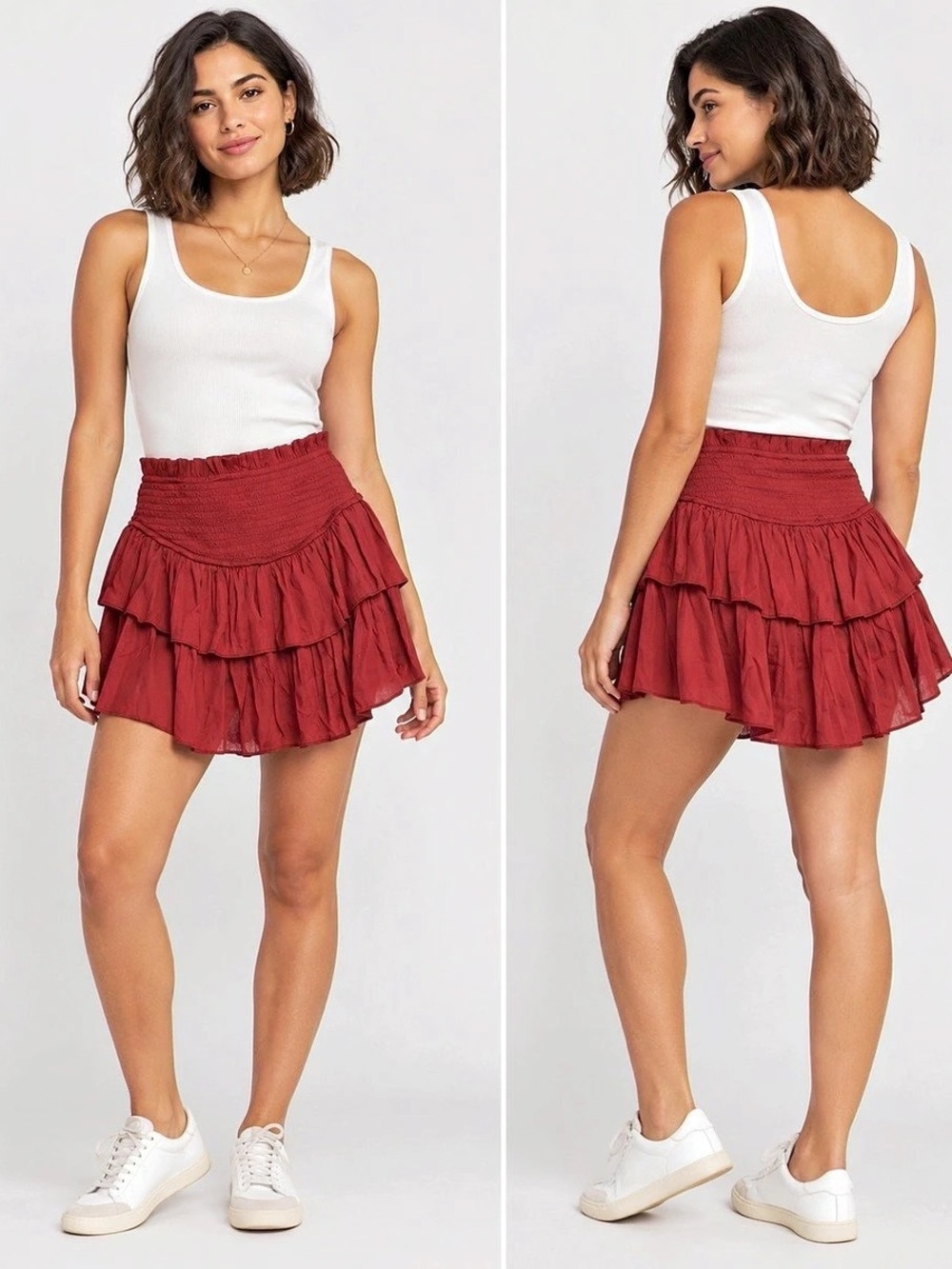 eesome Burgundy Red Tiered Ruffle Mini Skirt Smocked Waist L